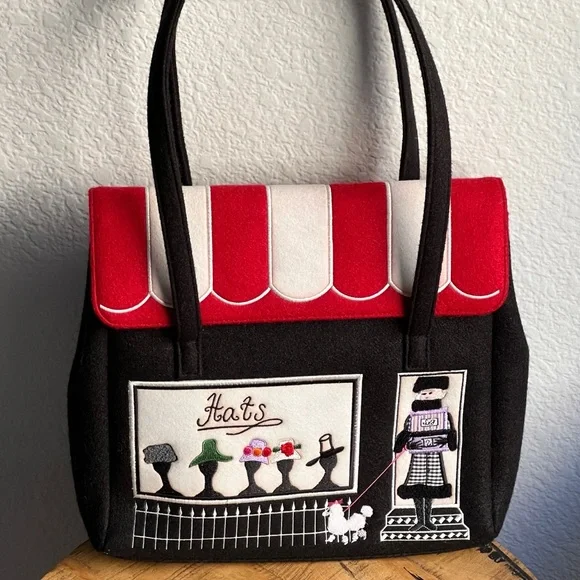 Vintage Felted Wool Embroidered Bag Hat Shop and Poodle Design Black Red White
